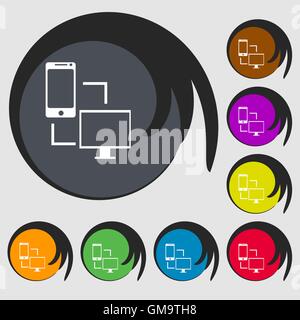 Synchronization sign icon. communicators sync symbol. Data exchange. Symbols on eight colored buttons. Vector Stock Vector