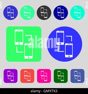 Synchronization sign icon. communicators sync symbol. Data exchange. 12 colored buttons. Flat design. Vector Stock Vector