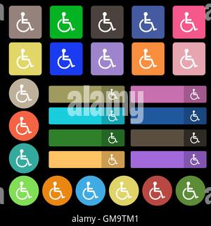 Disabled sign icon. Human on wheelchair symbol. Handicapped invalid sign. Set from twenty seven multicolored flat buttons. Vector Stock Vector