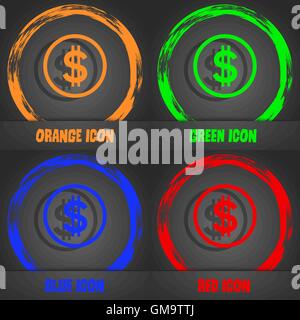 Dollar icon sign. Fashionable modern style. In the orange, green, blue, red design. Vector Stock Vector