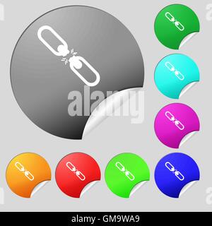 Broken connection flat single icon. Set of eight multi colored round buttons, stickers. Vector Stock Vector