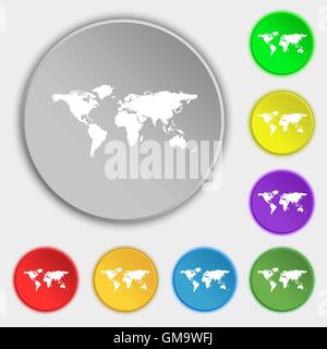 Globe sign icon. World map geography symbol. Symbols on eight flat buttons. Vector Stock Vector