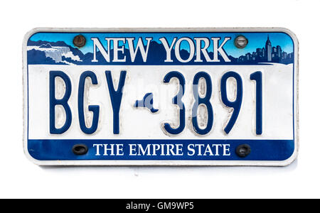 New York license plate; vehicle registration number. New York NY 'The Empire State' number plate. Stock Photo