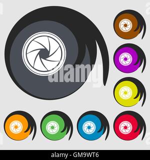 diaphragm icon. Aperture sign. Symbols on eight colored buttons. Vector Stock Vector