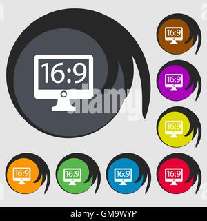 Aspect ratio 16 9 widescreen tv icon sign. Symbols on eight colored buttons. Vector Stock Vector
