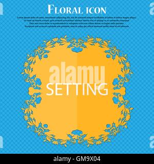 Cog settings sign icon. Cogwheel gear mechanism symbol. Floral flat design on a blue abstract background with place for your text. Vector Stock Vector