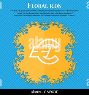 Euro EUR. Floral flat design on a blue abstract background with place for your text. Vector Stock Vector
