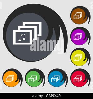 Mp3 music format sign icon. Musical symbol. Symbols on eight colored buttons. Vector Stock Vector