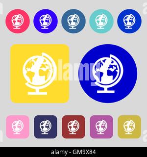 Globe sign icon. World map geography symbol. Globes on stand for studying. 12 colored buttons. Flat design. Vector Stock Vector