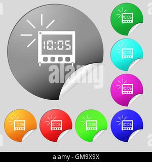 digital Alarm Clock icon sign. Set of eight multi colored round buttons, stickers. Vector Stock Vector