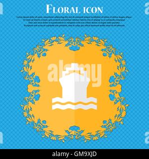 ship. Floral flat design on a blue abstract background with place for your text. Vector Stock Vector