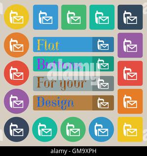 Mail icon. Envelope symbol. Message sms sign. Set of twenty colored flat, round, square and rectangular buttons. Vector Stock Vector