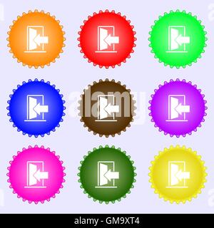 Door, Enter or exit icon sign. A set of nine different colored labels. Vector Stock Vector
