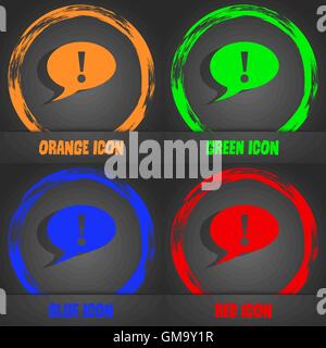 Exclamation mark sign icon. Attention speech bubble symbol. Fashionable modern style. In the orange, green, blue, red design. Vector Stock Vector