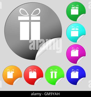 Gift box sign icon. Present symbol. Set of eight multi colored round buttons, stickers. Vector Stock Vector