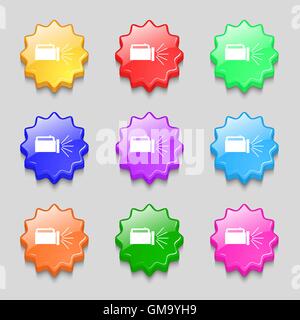 flashlight icon sign. Symbols on nine wavy colourful buttons. Vector Stock Vector