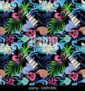 Tropical Vector Pattern on Black Stock Vector