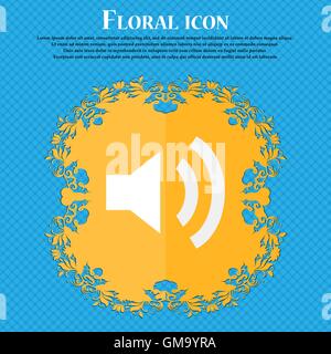 Speaker volume sign icon. Sound symbol. Floral flat design on a blue abstract background with place for your text. Vector Stock Vector