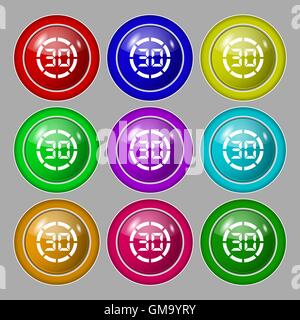 30 second stopwatch icon sign. Symbol on nine round colourful buttons. Vector Stock Vector