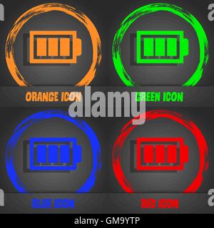 Battery fully charged sign icon. Electricity symbol. Fashionable modern style. In the orange, green, blue, red design. Vector Stock Vector