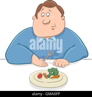 Cartoon Humorous Illustration of Unhappy Man on Diet Eating his Lunch Stock Vector