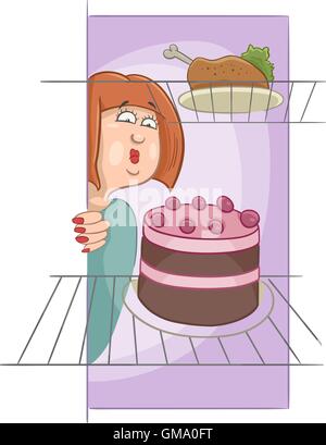 Cartoon Humorous Illustration of Gourmand Woman on Diet Looking into Fridge Stock Vector