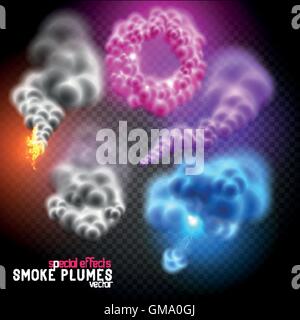 Fantastic colourful smoke rings, fluffy clouds and smoke plumes. Vector illustration. Stock Vector