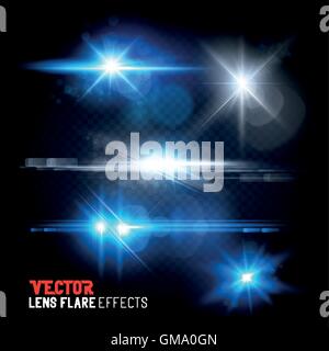 A Set of lens flares and sun flares. Vector illustration transparent effects. Stock Vector