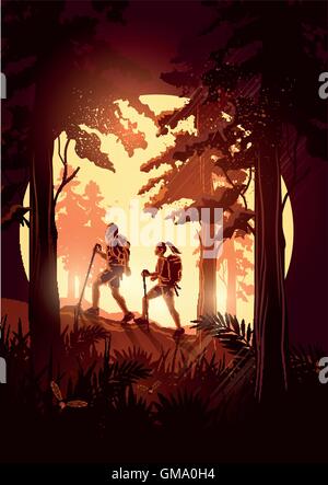 A couple of people with backpacks enjoy hiking through a scenic forest. Vector illustration Stock Vector