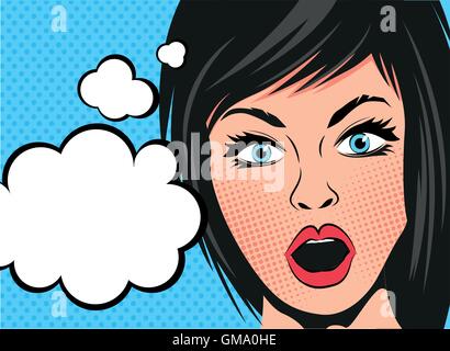 A retro cartoon woman with a shocked expression and speech bubbles. Vector illustration. Stock Vector