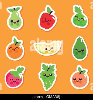 Cute fruit character sticker set. Stock Vector