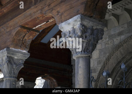 Capitals of the atrium of the southern facade of the cathedral of Jaca Stock Photo