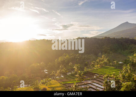 Sunrise over Rinjani mountain in Lombok Stock Photo