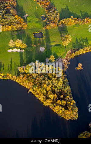 Aerial view, golf and more Duisburg Huckingen, Golf Course Duisburg, bunkers, sand pits, on Remberger lake, aerial view Stock Photo