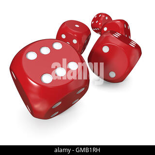 3D Render of 5 classic Red painted dices rolling forward. Stock Photo