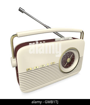 3D render of a Classic white,red and brass Retro Style Radio. Side top view. Stock Photo