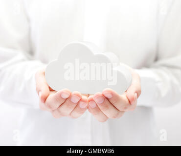 White cloud in hands. Cloud computing network concept. Stock Photo