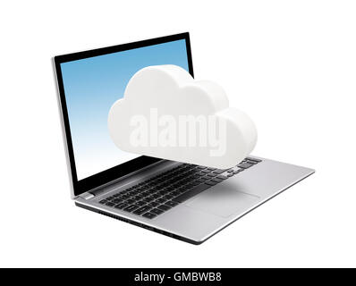 Laptop with cloud isolated on white. Cloud computing network concept. Stock Photo