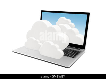Laptop with clouds isolated on white. Cloud computing network concept. Stock Photo