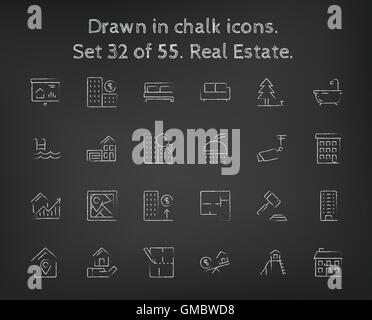 Real estate icon set drawn in chalk. Stock Vector