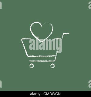 Shopping cart with heart icon drawn in chalk. Stock Vector
