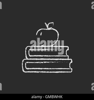 Books and apple on the top icon drawn in chalk. Stock Vector