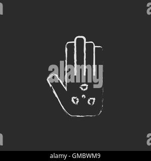 Ionizing radiation sign on a palm icon drawn in chalk. Stock Vector