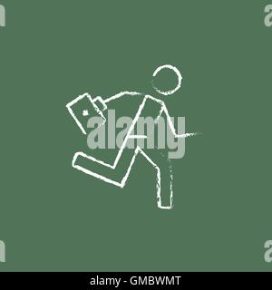 Paramedic running with first aid kit icon drawn in chalk. Stock Vector