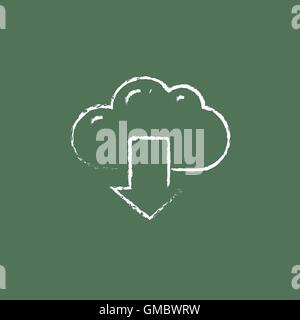Cloud with arrow down icon drawn in chalk. Stock Vector