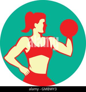 Female Lifting Dumbbell Circle Retro Stock Vector