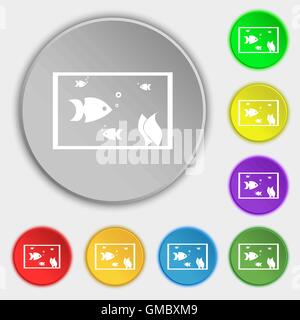 Aquarium, Fish in water icon sign. Symbols on eight flat buttons. Vector Stock Vector