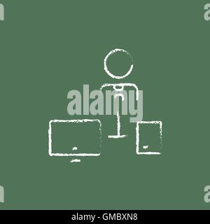 Man with computer set icon drawn in chalk. Stock Vector