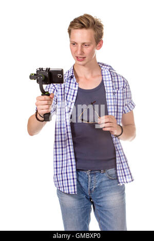 Man holds mobile phone on gimbal. Isolated on white. Stock Photo