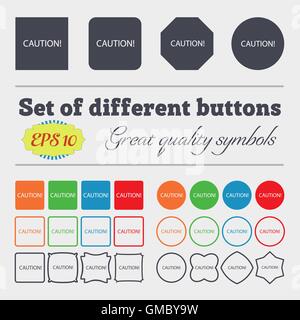 Attention caution sign icon. Exclamation mark. Hazard warning symbol. Big set of colorful, diverse, high-quality buttons. Vector Stock Vector